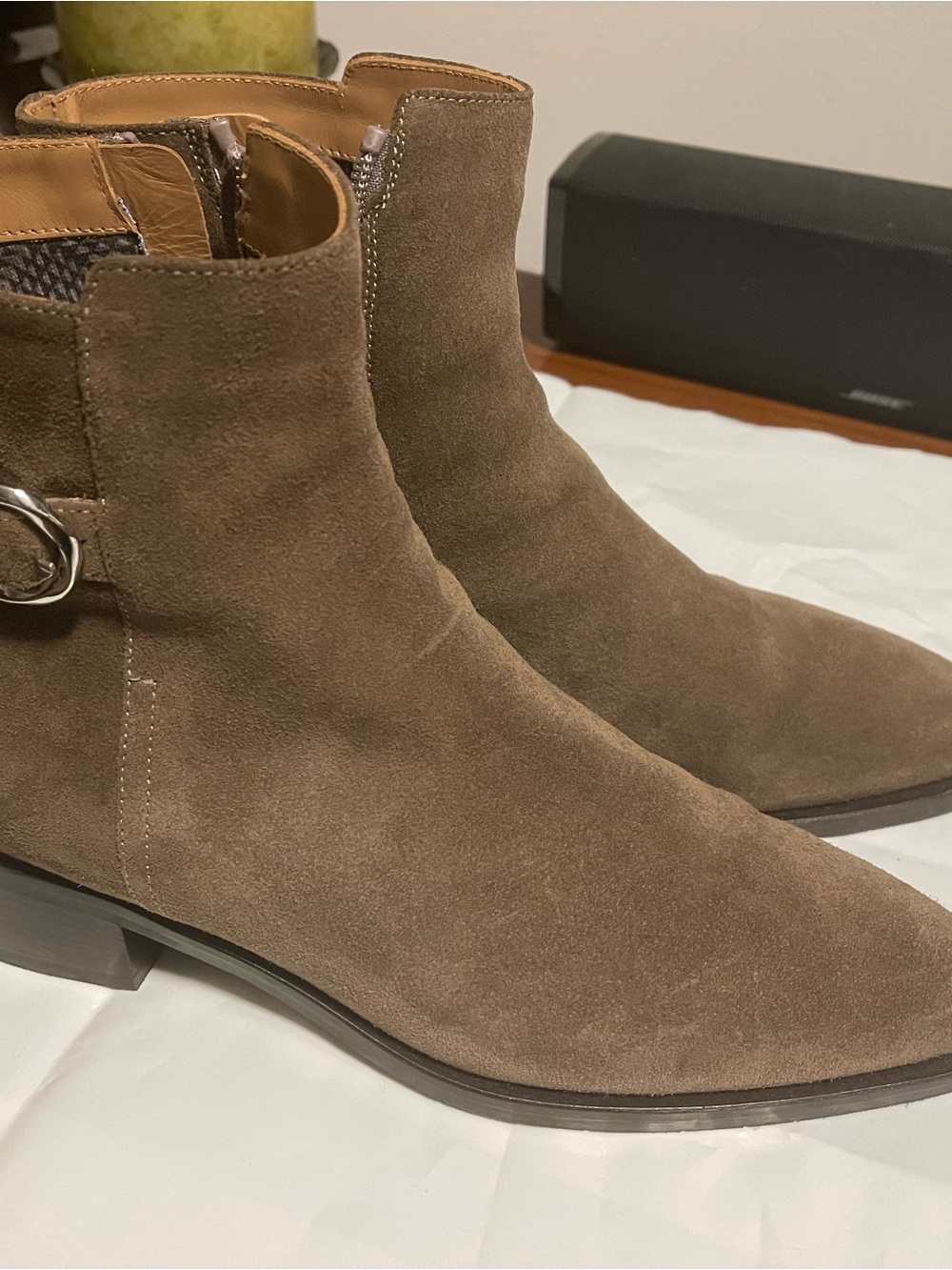 Aquatalia Taupe Suede Ankle Booties with Side Buckle